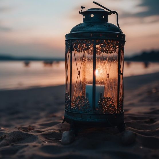farol con vela en la playa